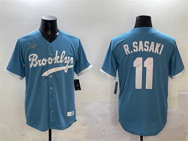 Men%27s Los Angeles Dodgers #11 Roki Sasaki Blue Throwback Stitched Jersey->los angeles dodgers->MLB Jersey